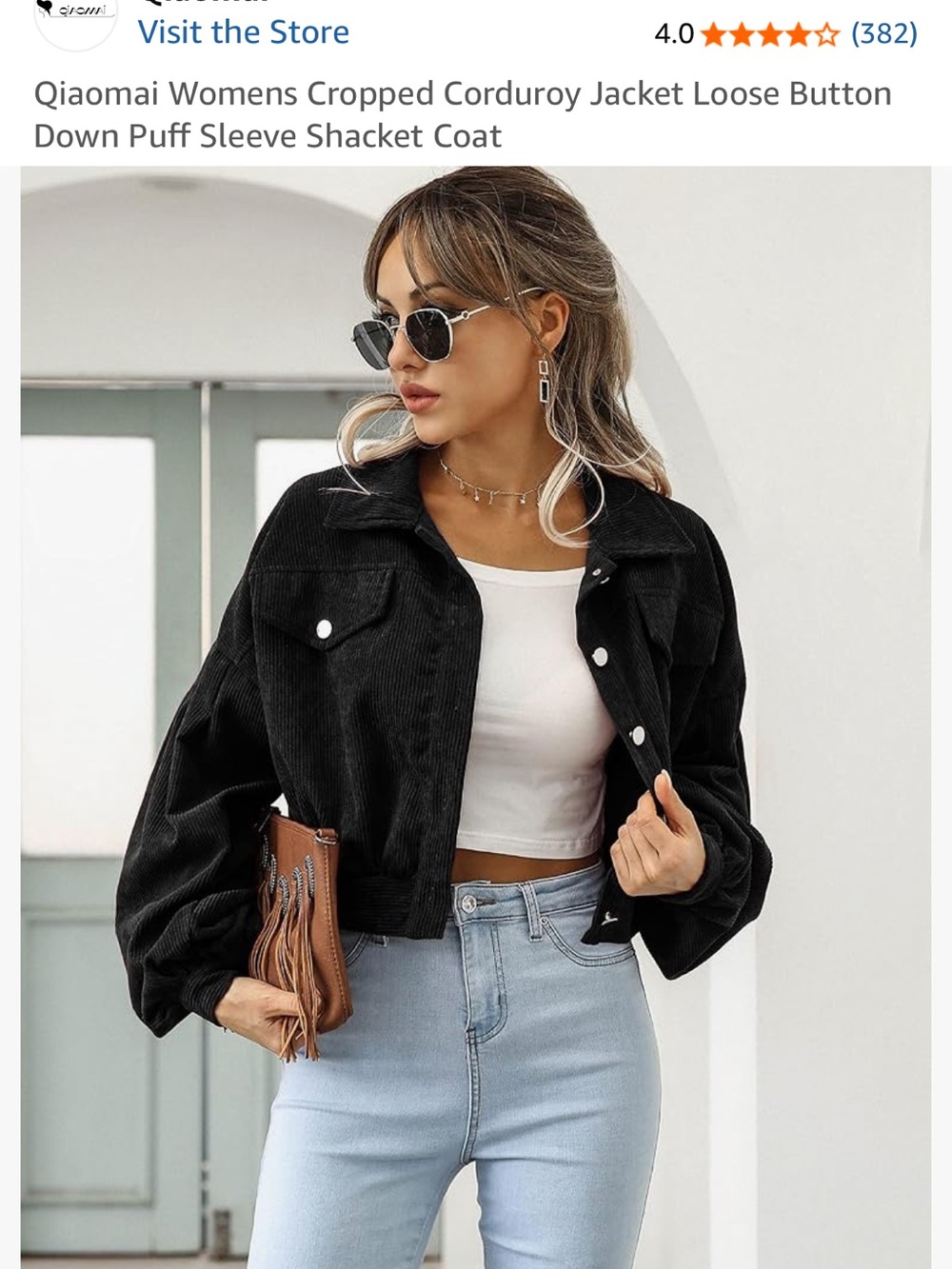 Black Cropped Corduroy Jacket Puff Sleeve Button Up